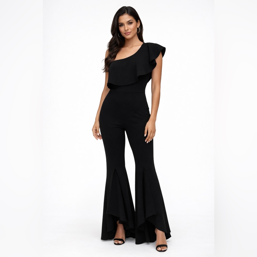 FAVLUX Chic Black One-Shoulder jumpsuit romantic feminine whimsy Goth wide leg